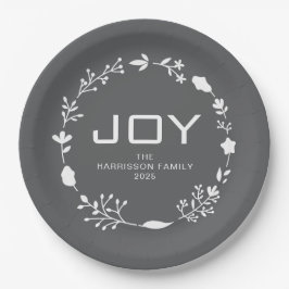 Prato De Papel Coroa Floral de Natal Joy Família Nome Personaliza