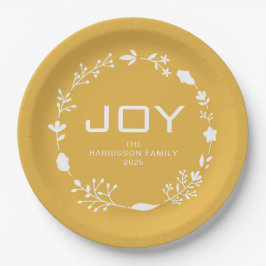 Prato De Papel Coroa Floral de Natal Joy Família Nome Personaliza