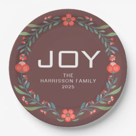 Prato De Papel Coroa Floral de Natal Joy Família Nome Personaliza