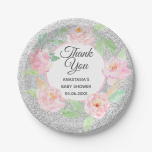 Prato De Papel Coroa Floral Prateada e Rosa Obrigado Chá de Bebê