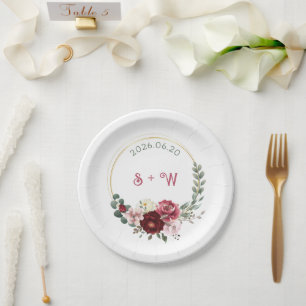 Prato De Papel Coroa Monograma de Floral e Dourado de Borgonha Ca