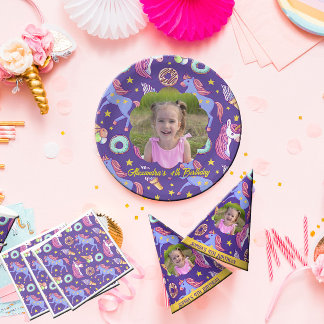 Prato De Papel Cortar Unicórnios de Foto Personalizados, Rosquinh