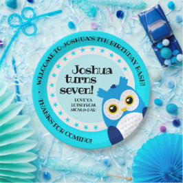Prato De Papel Coruja Azul Feliz de Aniversário