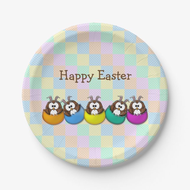 Prato De Papel Coruja da páscoa - arco-íris (Frente)