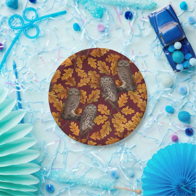 Prato De Papel Corujas de outono em vermelho escuro (Festa)