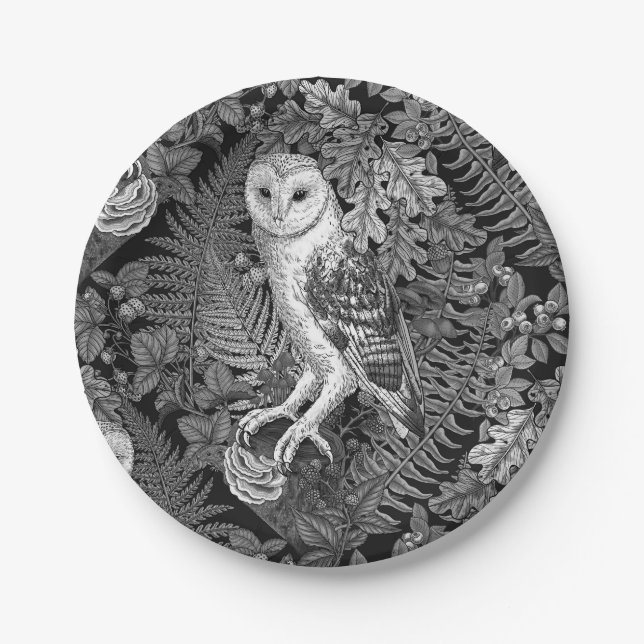 Prato De Papel Corujas, samambaias, carvalho e bagas 4 (Frente)