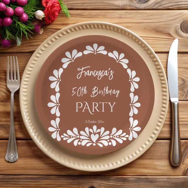 Prato De Papel Costume do partido de fiesta mexicano terracotta t (Mexican fiesta birthday party terracotta talavera custom monogrammed paper plates personalized decor)