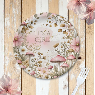 Prato De Papel Cottage Core Cogumelos e Flores   É uma Menina