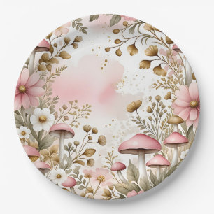 Prato De Papel Cottage Core Cogumelos e Flores Rosa e Dourado