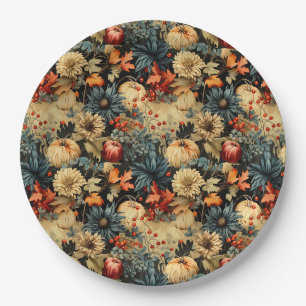 Prato De Papel Cottagecore Escuro Floral de Outono Abóbora