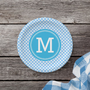 Prato De Papel Country Baby Blue Gingham Personalize Monograma