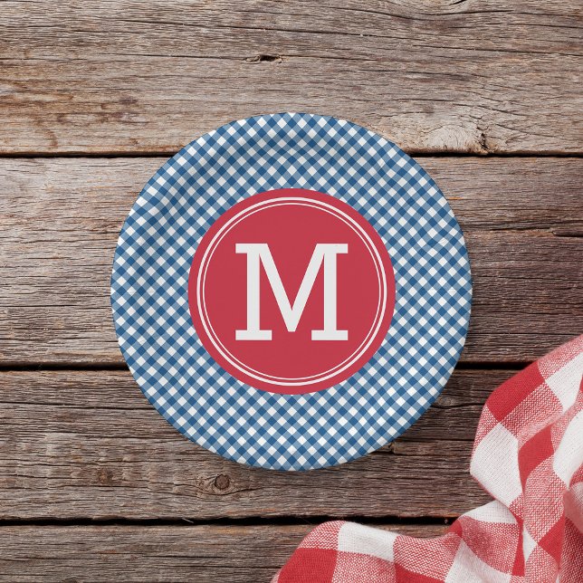Prato De Papel Country Chic Blue Gingham Personalize Monograma (Criador carregado)
