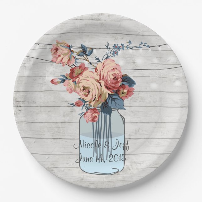 Prato De Papel Country Floral Wood Mason Jar Wedding (Frente)