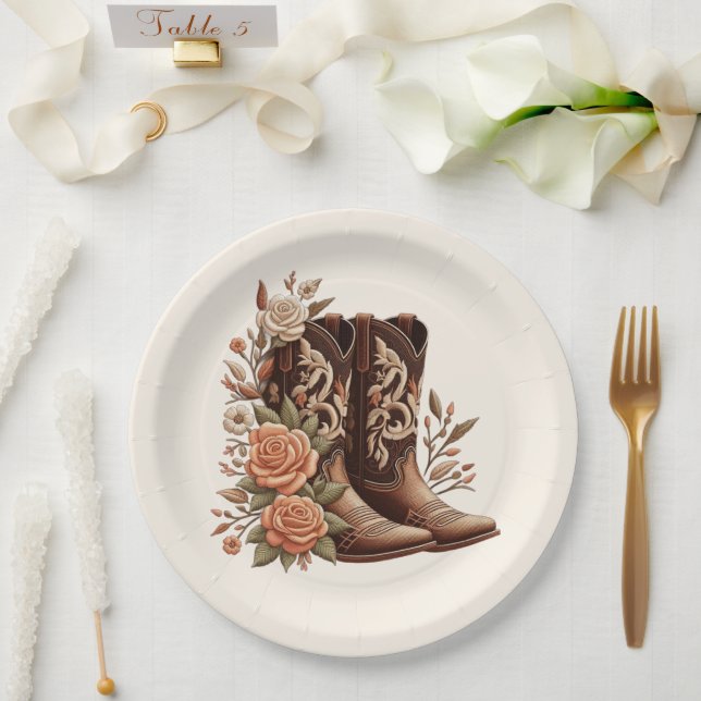 Prato De Papel Country Western Flowers com Boots de Cowboy (Casamento)