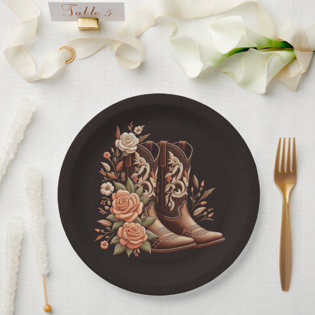 Prato De Papel Country Western Flowers com Boots de Cowboy (Casamento)
