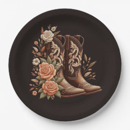 Prato De Papel Country Western Flowers com Boots de Cowboy