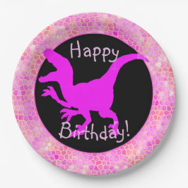 Prato De Papel Couro de Dinossauro Rosa Feliz Aniversário!