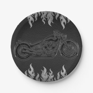 Prato De Papel Couro Preto Cromo Prata Festa de Motociclista