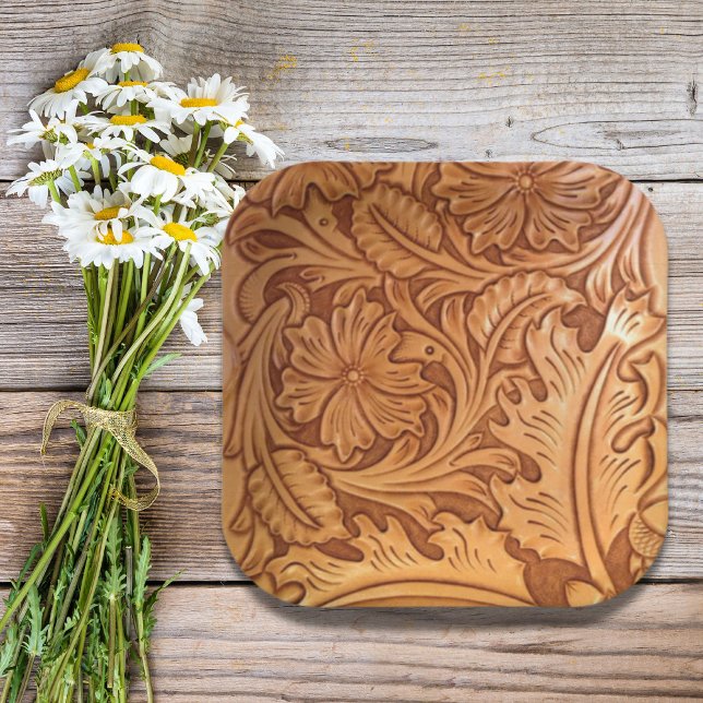 Prato De Papel couro trabalhado country western rústico (rustic western country cowboy tooled leather paper plates)