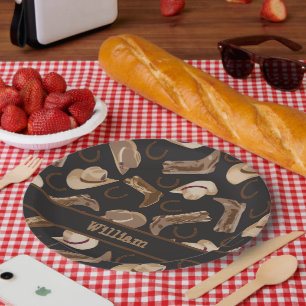 Prato De Papel Cowboy Ocidental Boots Hats Brown Black Name