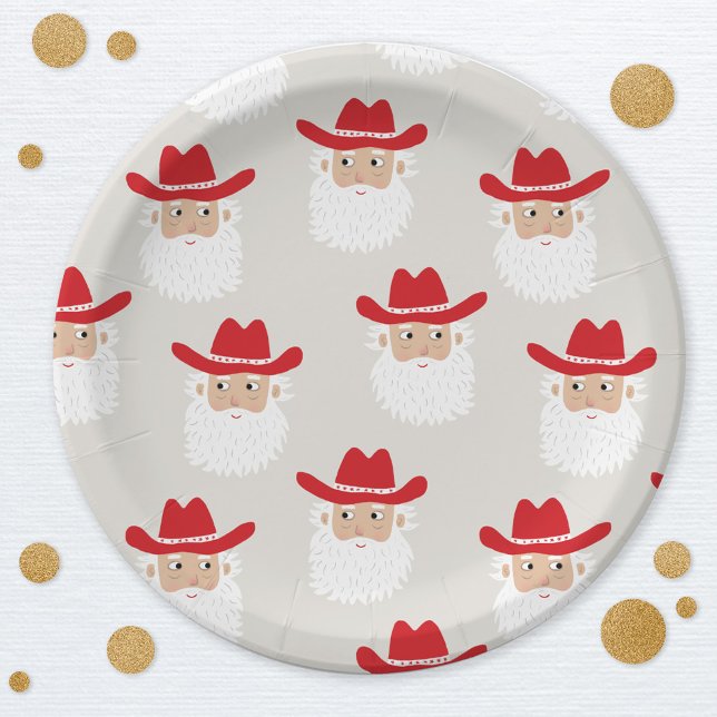 Prato De Papel Cowboy Santa Claus Western Christmas (Fun Cowboy Santa Claus Western Holidays Christmas party paper plate)