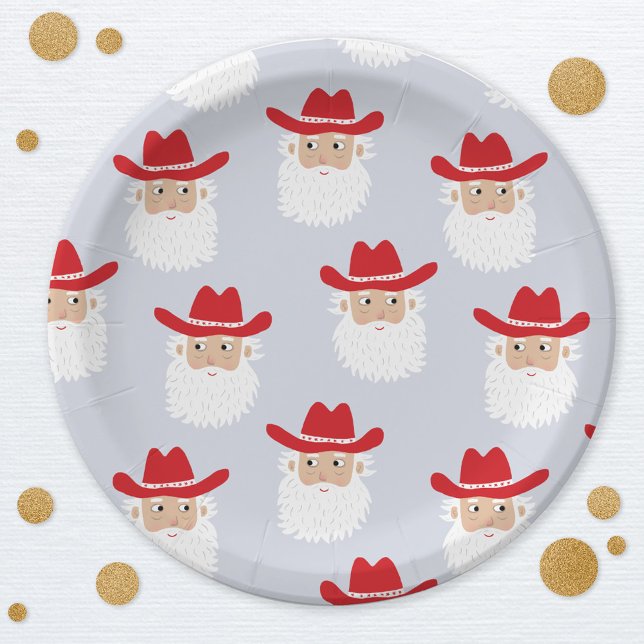 Prato De Papel Cowboy Santa Claus Western Christmas Blue (Fun Cowboy Santa Claus Western Holidays Christmas party paper plate)