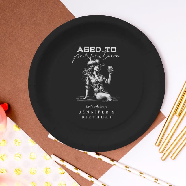 Prato De Papel Cowgirl Black Aged to Perfection Birthday Party  (Criador carregado)