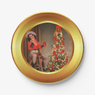 Prato De Papel Cowgirl Na Saddle Com Placas De Árvore De Natal