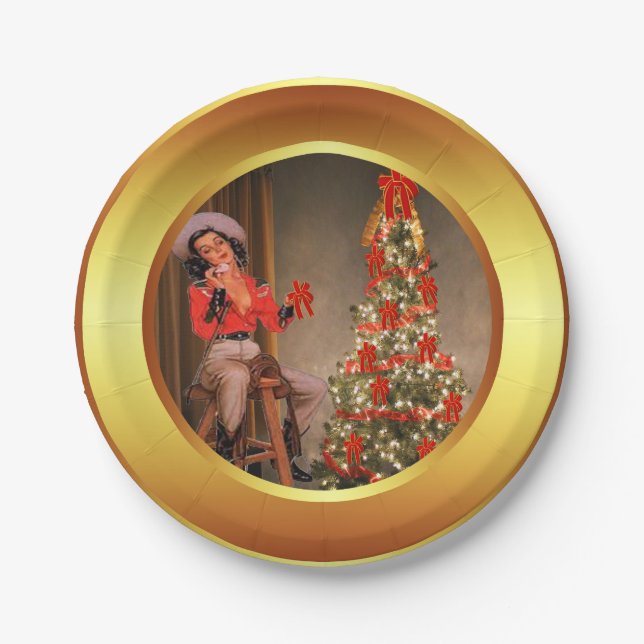 Prato De Papel Cowgirl Na Saddle Com Placas De Árvore De Natal (Frente)