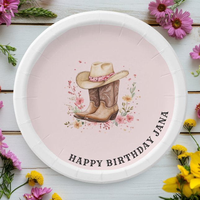 Prato De Papel Cowgirl Wildflower Bash Birthday | Rosa Ocidental (Criador carregado)