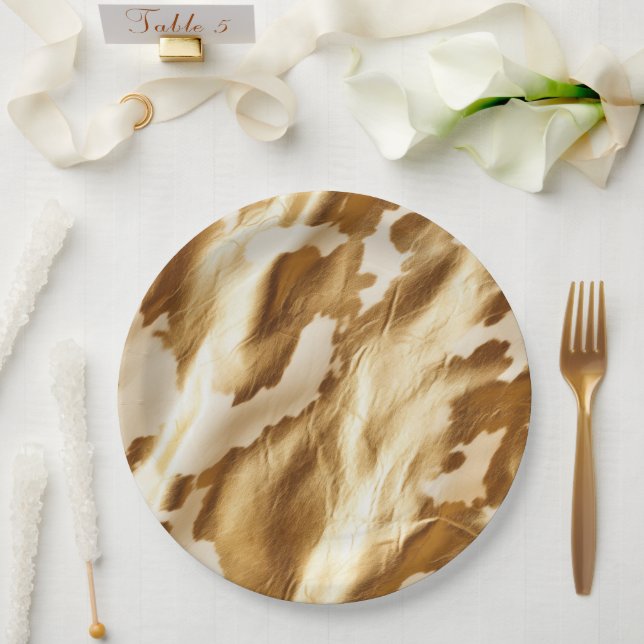 Prato De Papel Cowhide de Creme Branco Dourado Ocidental (Casamento)