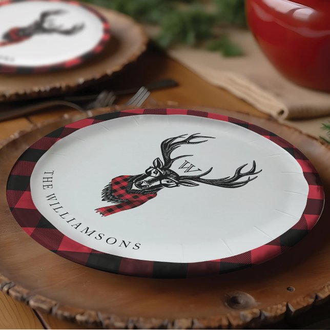 Prato De Papel Cozy e Quente | Monograma de Xadrezes de Buffalo V (Cozy & Warm | Red Buffalo Plaid Reindeer Monogram Paper Plates)