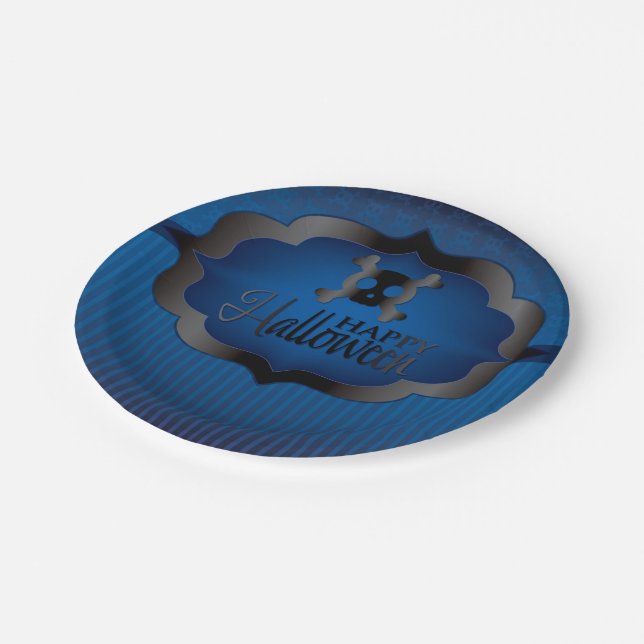 Prato De Papel Crânio azul de Halloween (Inclinado)