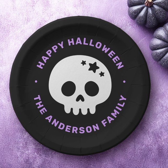 Prato De Papel Crânio bonito com estrelas preto roxo Feliz Dia da (Cute skull with stars black purple Happy Halloween Paper Plates)