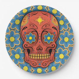 Prato De Papel Crânio de Açúcar - Dia dos Mortos (Dúvidas Azuis)