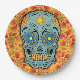 Prato De Papel Crânio de Açúcar - Dia dos Mortos (Marigold)