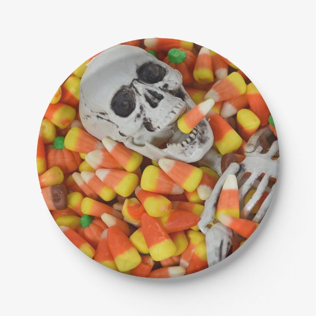 Prato De Papel crânio de Halloween e milho doce (Frente)