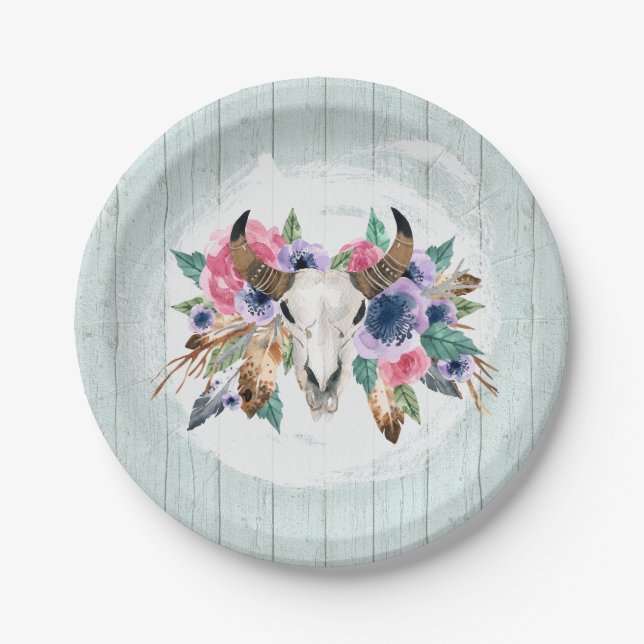 Prato De Papel Crânio de Vaca Aquarela Floral Rústica Casamento B (Frente)