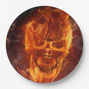 Prato De Papel Crânio flamejante de sorriso o Dia das Bruxas