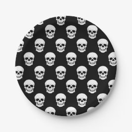Prato De Papel Cranio Preto E Branco Padrão de Halloween Assustad