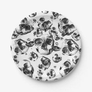 Prato De Papel Crânios Preto e Branco Arte de Crânio Esqueleto Pa