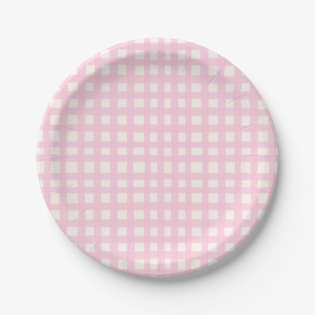 Prato De Papel Cream and Pink Textured Imperfect Gingham Pattern (Frente)