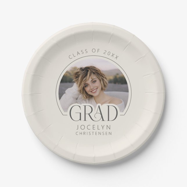 Prato De Papel Cream Charcoal Personalized Photo Grad Party (Frente)