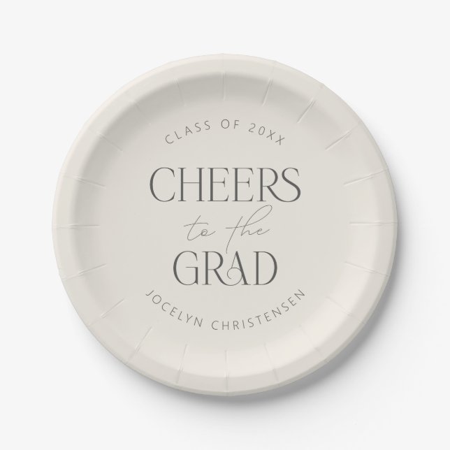 Prato De Papel Cream Gray Personalized Cheers Grad Party (Frente)