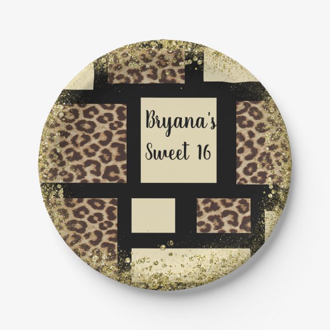Prato De Papel Cream Preto de Marfim e Leopardo Cheetah (Frente)