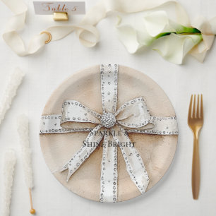 Prato De Papel Cream White Silver Glitzy Glam Arco Aniversário
