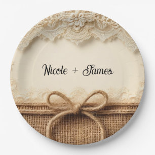 Prato De Papel Creme Renda Floral em Crochê Linho Marrom Casament