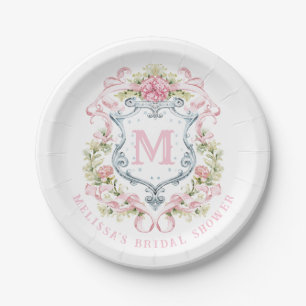 Prato De Papel Crest Floral Monograma Elegante   Chás de Noiva