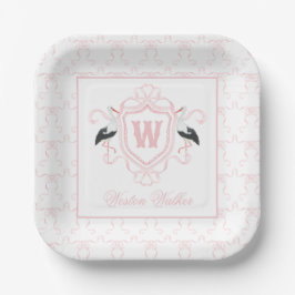 Prato De Papel Crest Monograma Arco Cegonha Rosa Aquarela