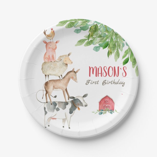 Prato De Papel Criações Festa de Barnyard Garoto Verde Aniversári (Frente)